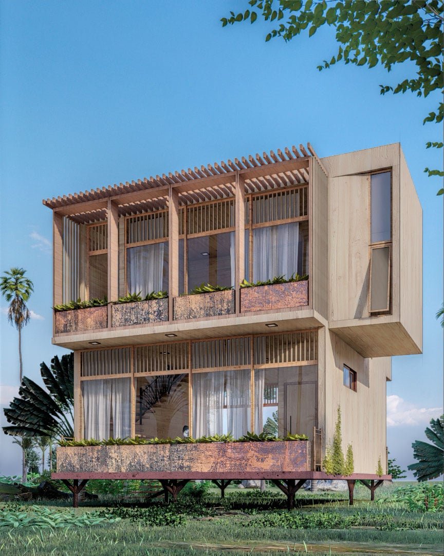 Encantadora casa de madera en Tulum, con balcón y vegetación, ideal para una familia pequeña, fusionando naturaleza y confort, proyecto realizado por Estudio de arquitectos en Guadalajara, Jalisco, México. Render realizado con programa Lumion.