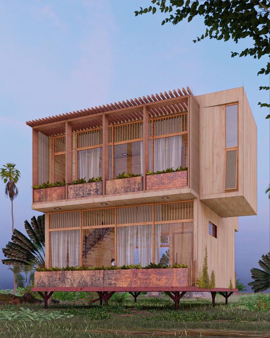 Casa proyecto en Tulum, de madera con balcón y plantas, destacando su diseño rústico y armonía con la naturaleza, diseñada y desarrollada por despacho de arquitectura en Zapopan, Jalisco, México.