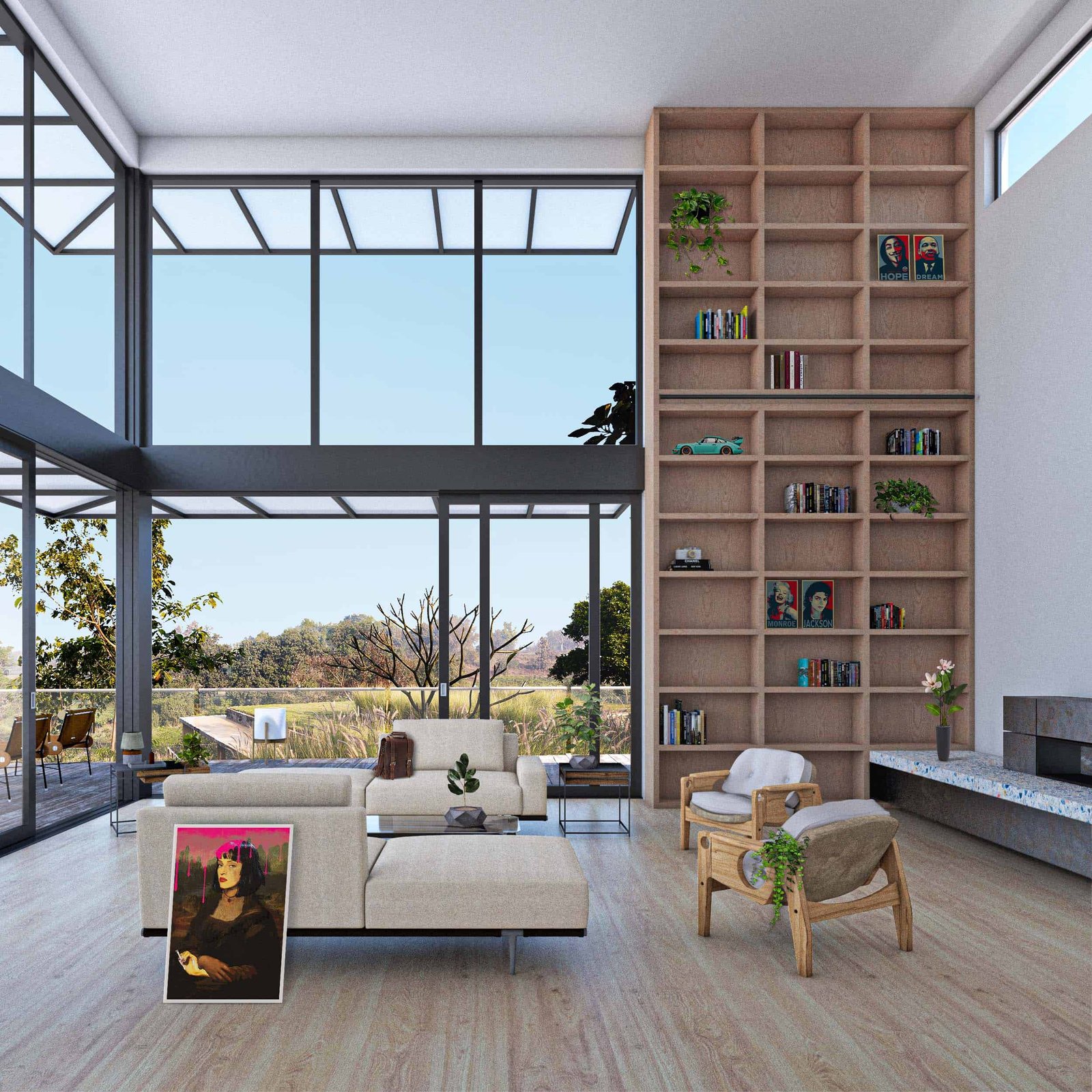 Espaciosa sala de estar con luz natural que entra por un gran ventanal y una estantería llena de libros, interiorismo realizado por arquitecto en Zapopan, Jalisco, Mexico.