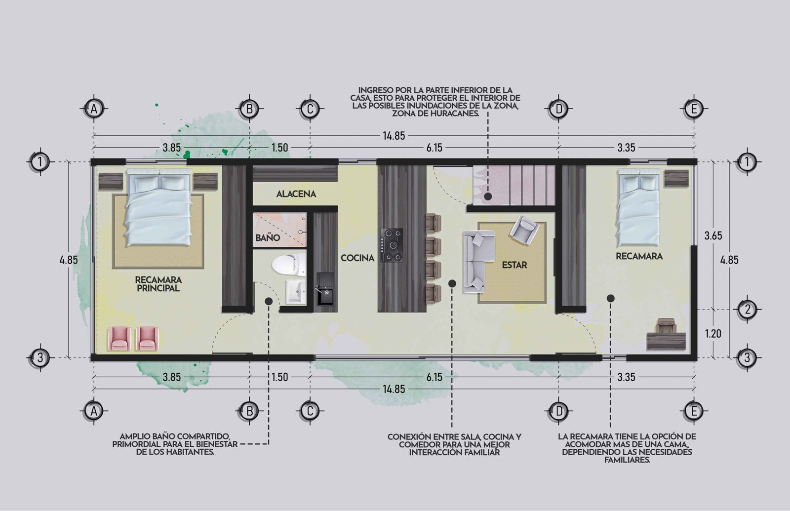 Ambientación de una planta arquitectónica para un proyecto de albergues en Veracruz, México, trabajo realizado por Taller Creativo de Arquitectura en Zapopan, Jalisco, México.