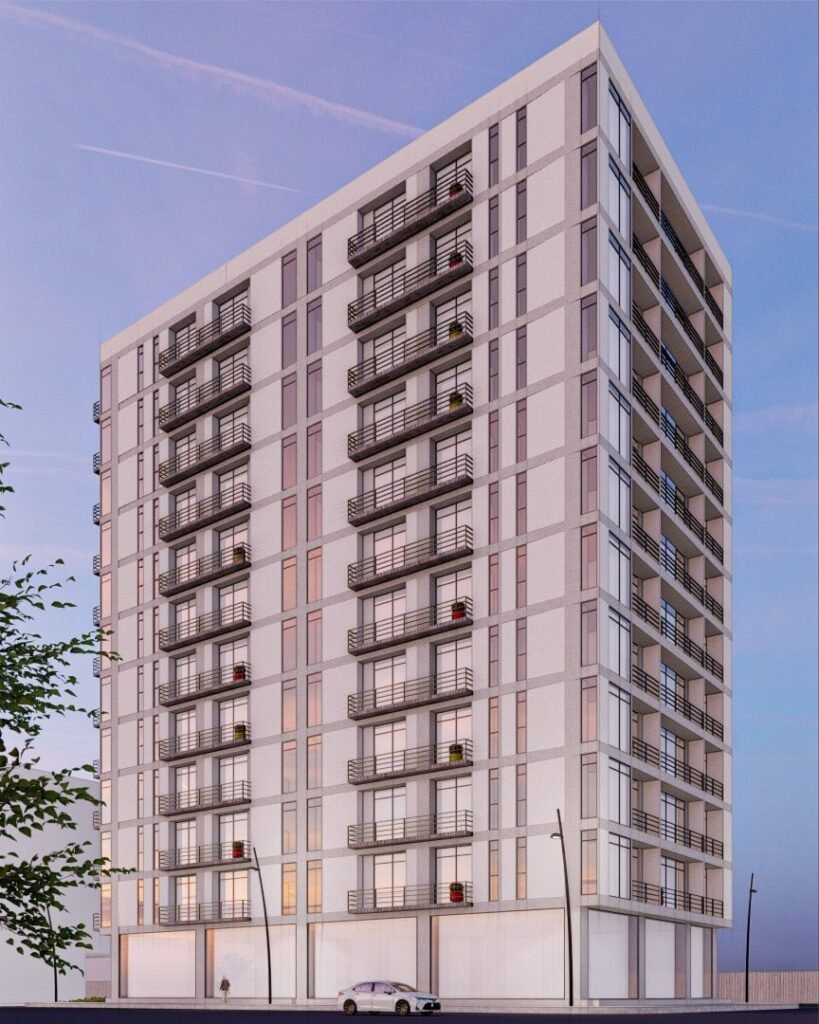 Visualización de un edificio de apartamentos autosustentables en Jalisco, fusionando modernidad y sostenibilidad en su arquitectura.