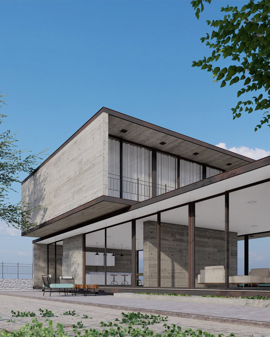 Representación de una casa contemporánea de concreto aparente con patio exterior, optimizada para iluminación y ventilación en Sonora, México, proyectada por un despacho de arquitectura en Guadalajara.