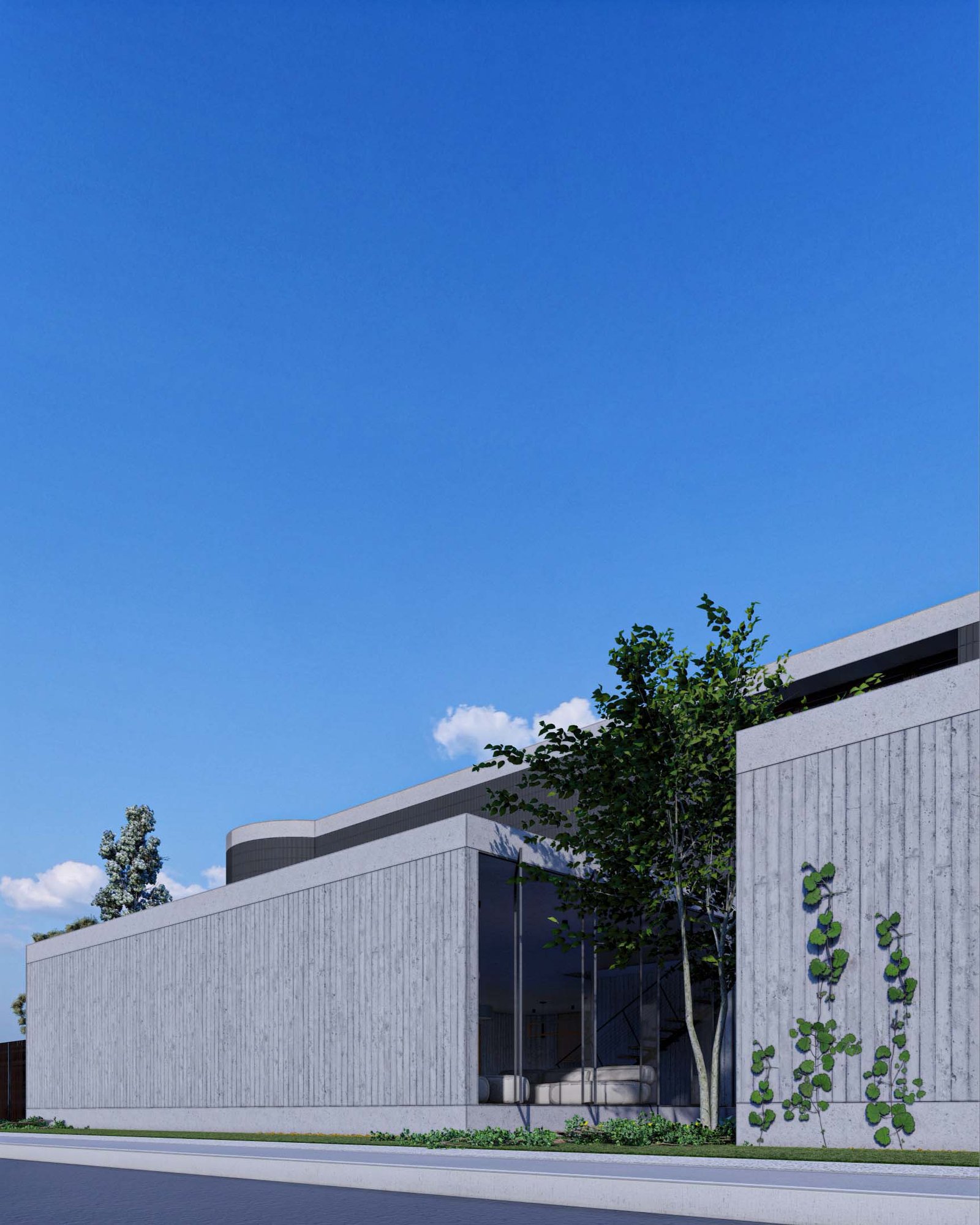 Vista exterior de una casa de dos pisos bajo un cielo azul. La planta baja es de concreto con una puerta de acero oscuro. El segundo piso es curvo y negro, con una ventana de persianas de madera. Diseño de un arquitecto en Guadalajara.
