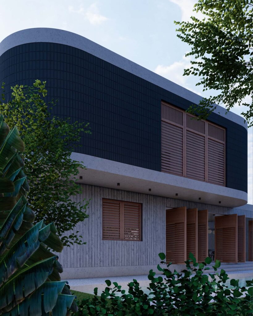 Somos un estudio de arquitectura en Guadalajara y este es uno de nuestros proyectos. Un diseño de dos niveles con acabados en concreto, madera y block rayado, concebido por un arquitecto de nuestro equipo con la metodología BIM