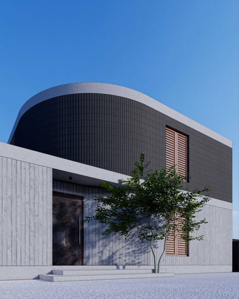 Fachada de casa moderna de dos niveles diseñada por un estudio de arquitectura en Guadalajara. El proyecto combina un nivel inferior de concreto aparente con un volumen superior curvo de block rayado oscuro, destacando el uso de la metodología BIM.