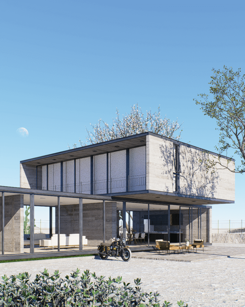 Arkham 1890: una casa de dos niveles en Sonora, diseñada en estilo brutalista con concreto, acero, madera y cristal. Un proyecto BIM desarrollado por nuestro estudio de arquitectura en Guadalajara.