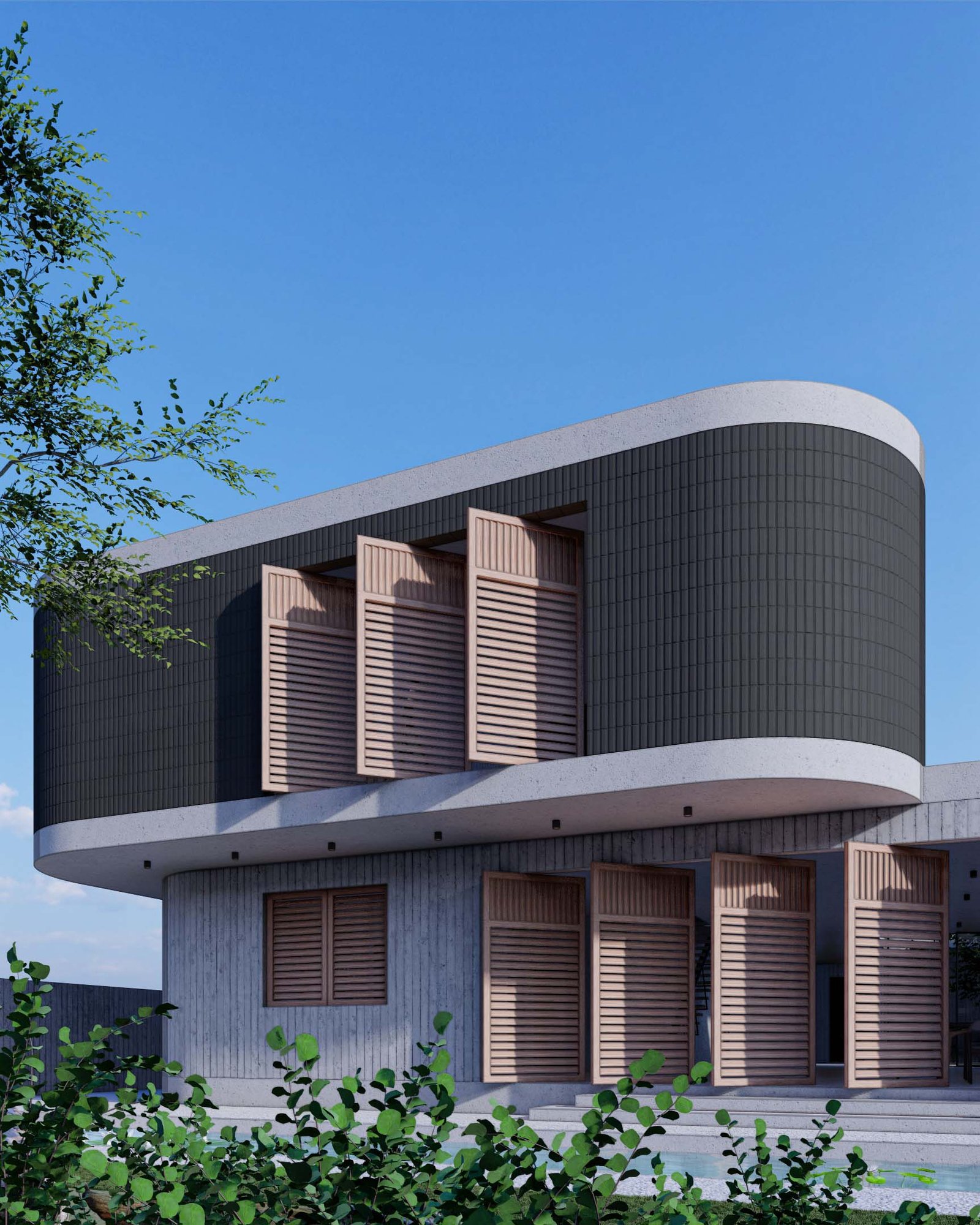 Detalle arquitectónico de una residencia en Guadalajara. Se aprecia el contraste entre la base ortogonal de concreto y el dinamismo del segundo nivel curvo con su revestimiento oscuro. Un ejemplo de la visión de nuestros arquitectos en Guadalajara. Materiales contrastantes como el concreto aparente y el block cara de piedra negro.